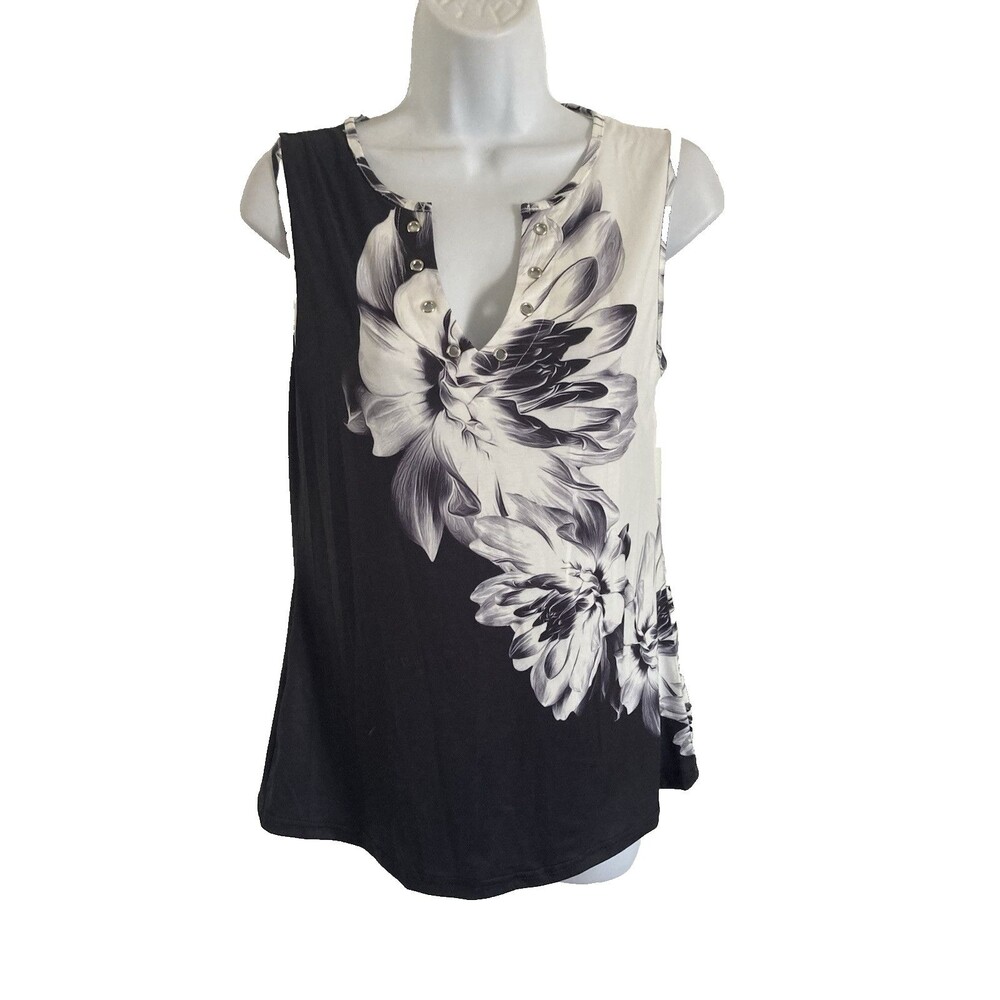 New Saukole Womens Sleeveless Tank Top Small Black and White Floral Print Shirt